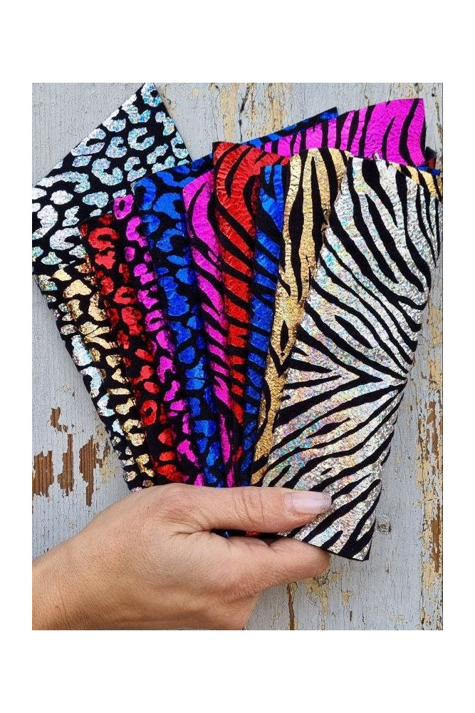 10 Selected leather scraps, ANIMAL prints, mix colorful selection leather remnants as per pictures