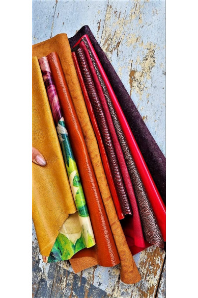10 Selected leather scraps, YELLOW, ORANGE and RED tones, mix colorful selection leather remnants as per pictures