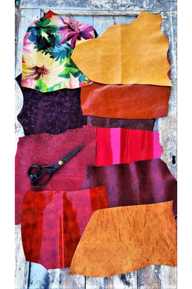 10 Ritagli di pellami unici selezionati, toni GIALLO, ARANCIONE, ROSSO, pezzi di pelle assortimento mix di fantasie come da foto