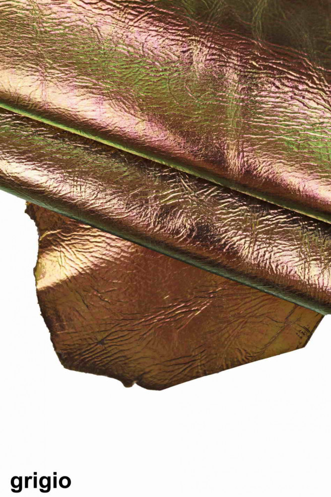 IRIDESCENT METALLIC leather skin, wrinkled oleographic hide, pink, reddish brown, grey goatskins