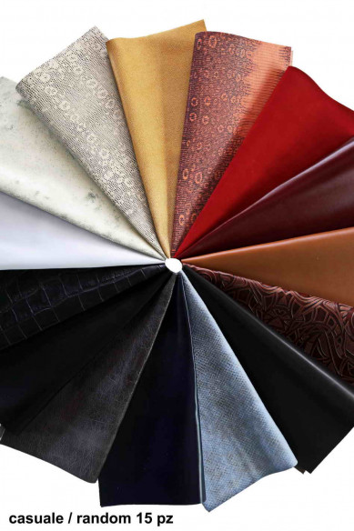 15 Scampoli di pelle casuali, stampati, tinta unita, laminati, pezzi pretagliati pellami selezionati, assortimento MIX, 30x30 cm