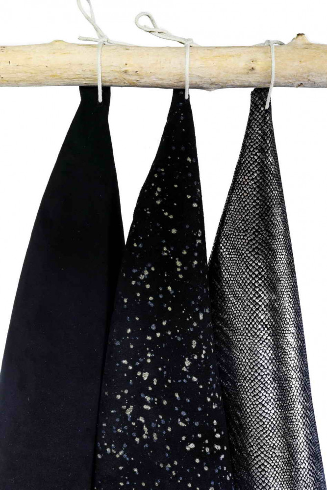 BLACK STEEL leather hides, lot of 3 suede, metallic, printed matching skins