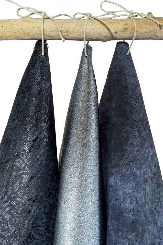 Lot of 3 BLUE LEATHER hides, suede metallic printed skins