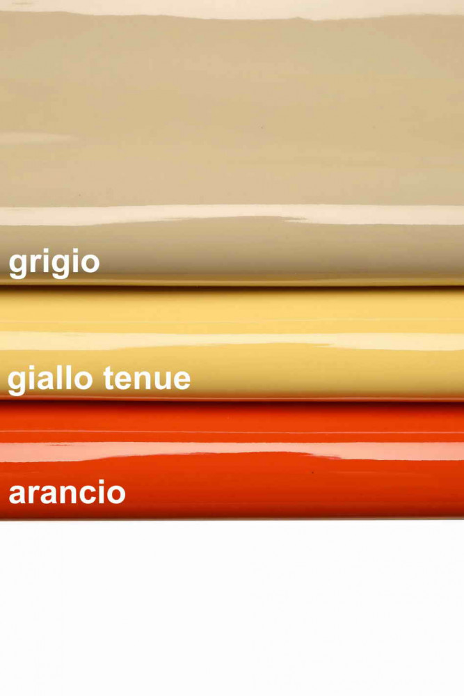 GRAY, ORANGE, soft yellow patent leather hide, smooth glossy stiff skin