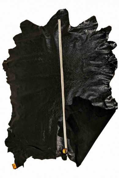 BLACK NAPLACK leather hide, wrinkled patent calfskin, glossy sporty cowhide, 0.6 -0.7 mm