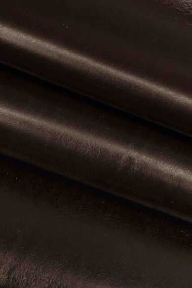 DARK BROWN leather skin, smooth glossy cowhide, semi stiff calfskin for crafters