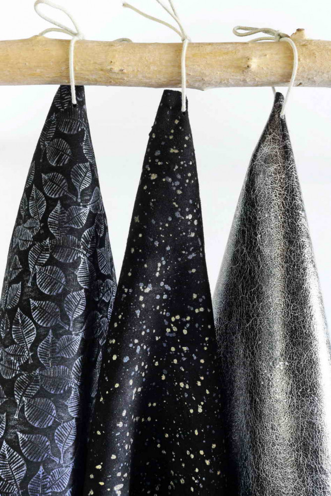 Sei of 3 BLACK STEEL metallic leather hides, textured suede matching skins