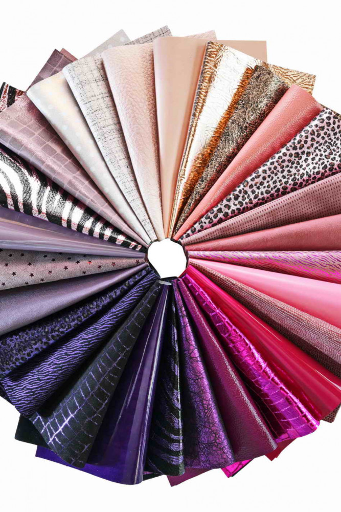 6 leather sheets PINK PURPLE, pre cut leather pieces random selection, mix metallic, printed cut off