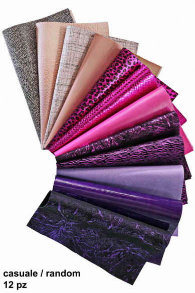 Scampoli di pellame ROSA e VIOLA, pezzi di pelle pretagliati casuali, laminati, stampati tinta unita, 25 x 20 cm