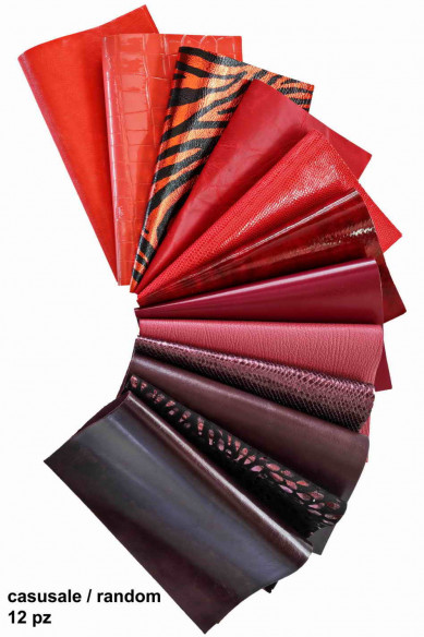 Leather sheets RED BURGUNDY, pre cut leather pieces random selection, mix metallic, printed cut off