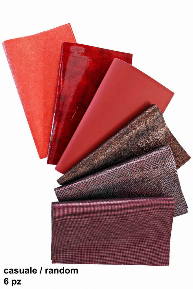 Leather sheets RED BURGUNDY, pre cut leather pieces random selection, mix  metallic, printed cut off