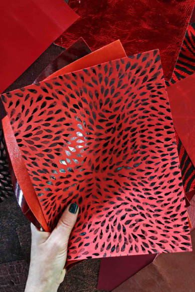 Leather sheets RED BURGUNDY, pre cut leather pieces random selection, mix metallic, printed cut off