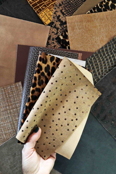 Leather sheets TAN and BROWN, pre cut leather pieces random selection, mix metallic, printed cut off
