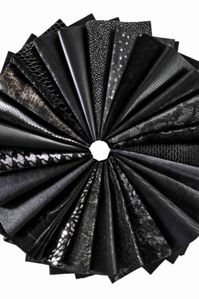 Leather SHEET BLACK, pre cut leather pieces random selection, mix metallic, printed cut off