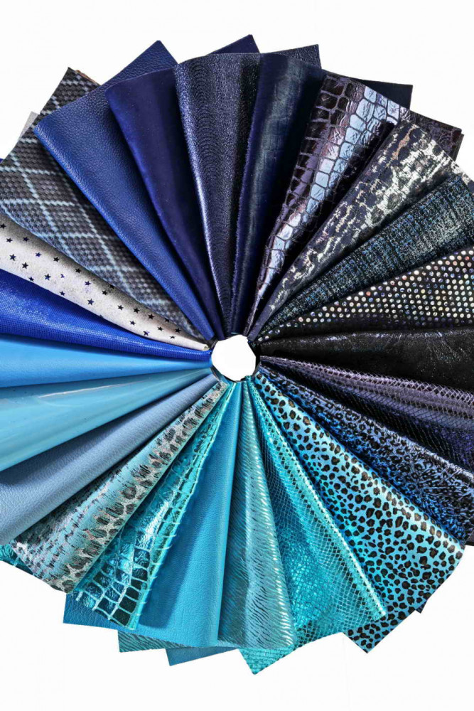 6 leather SHEET BLUE, pre cut leather pieces random selection, mix metallic, printed cut off