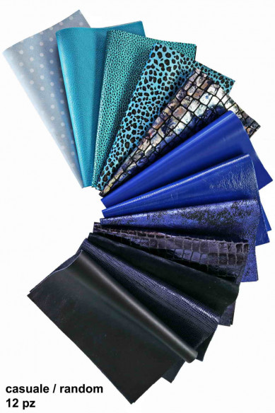 Scampoli di PELLAME BLU, pezzi di pelle pretagliati casuali, laminati, stampati, 25 x 20 cm
