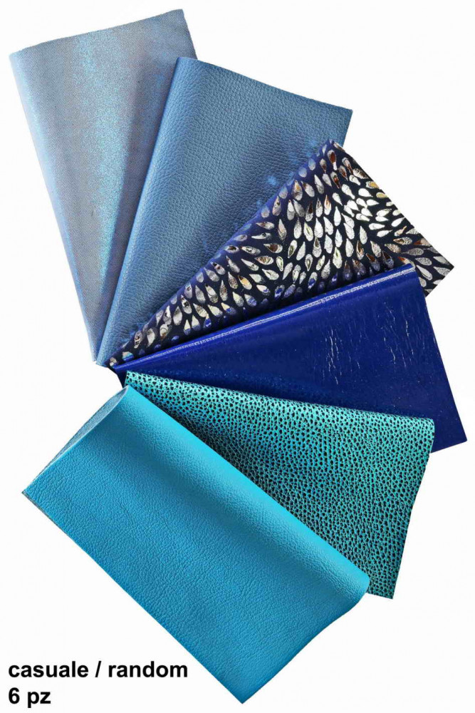 Leather SHEET BLUE, pre cut leather pieces random selection, mix metallic,  printed cut off