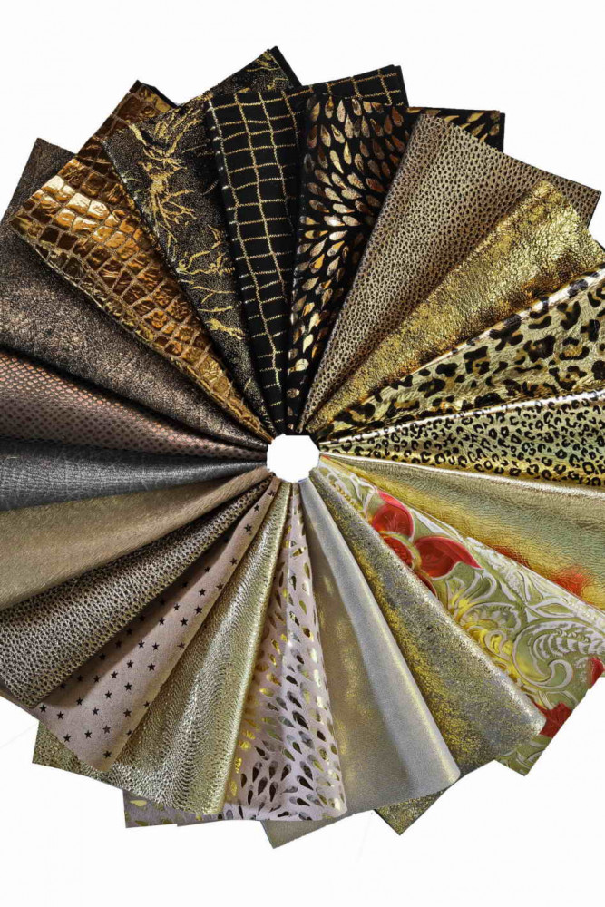 Leather sheets GOLD BRONZE, pre cut leather pieces random selection, mix metallic, printed cut off