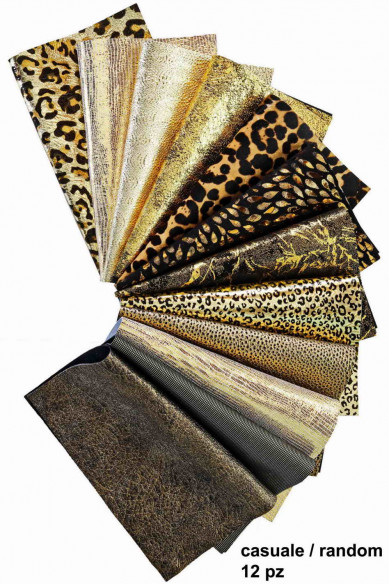Scampoli di pellame ORO e BRONZO, pezzi di pelle pretagliati casuali, laminati, stampati tinta unita, 25 x 20 cm