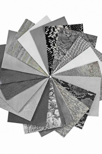 Stock of MIXED PIECES white, gray and silver, pre cut leather hide, printed, metallic random selection, 5 x 6 inches