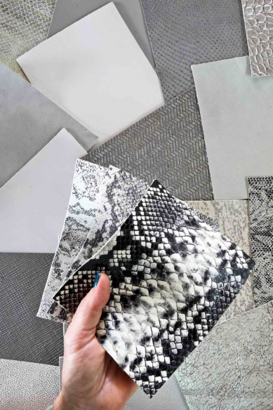 Stock of MIXED PIECES white, gray and silver, pre cut leather hide, printed, metallic random selection, 5 x 6 inches