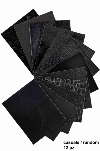 Stock of 12 MIXED PIECES black, pre cut leather hide, printed, metallic random selection, 5 x 6 inches