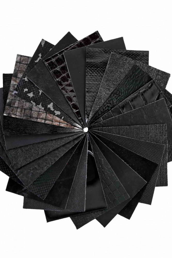 Stock of 12 MIXED PIECES black, pre cut leather hide, printed, metallic random selection, 5 x 6 inches