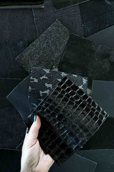 Stock of 12 MIXED PIECES black, pre cut leather hide, printed, metallic random selection, 5 x 6 inches