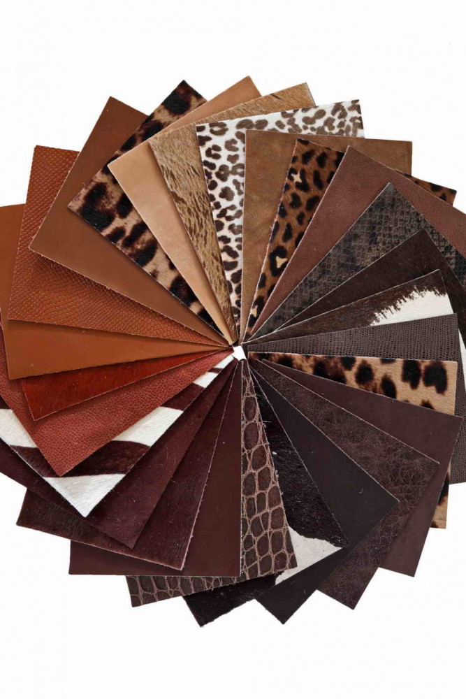 Stock of 12 MIXED PIECES brown, tan, dark brown, pre cut leather hide, printed, metallic random selection, 5 x 6 inches
