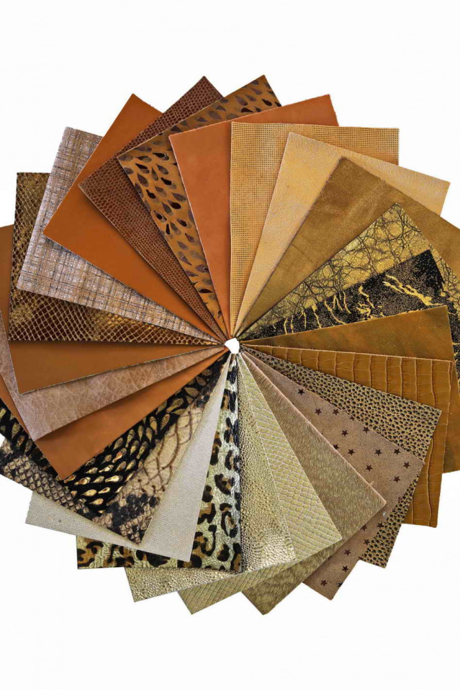 Stock of MIXED PIECES gold, bronze, tan, pre cut leather hide, printed, metallic random selection, 5 x 6 inches