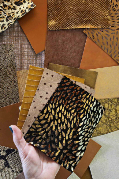 Stock of MIXED PIECES gold, bronze, tan, pre cut leather hide, printed, metallic random selection, 5 x 6 inches