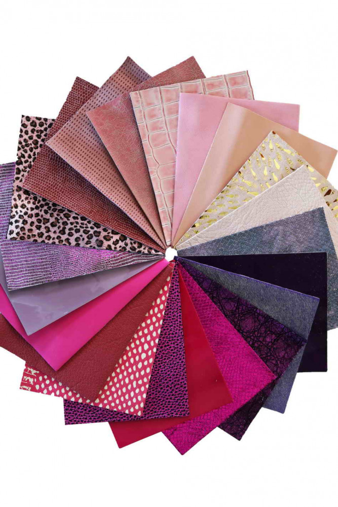 Stock of MIXED PIECES pink and purple, pre cut leather hide, printed, metallic random selection, 5 x 6 inches