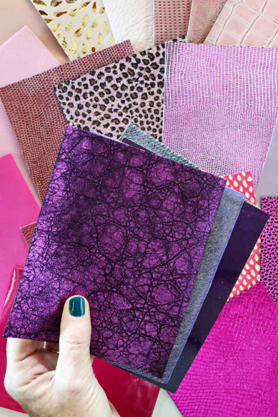 Stock of MIXED PIECES pink and purple, pre cut leather hide, printed, metallic random selection, 5 x 6 inches