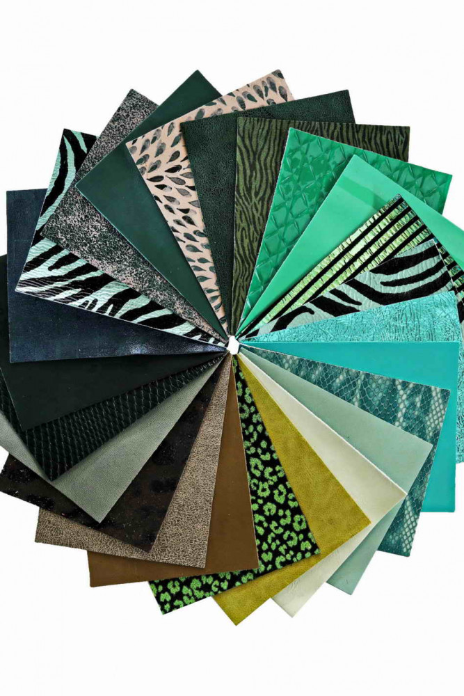 Stock of 12 MIXED PIECES green, pre cut leather hide, printed, metallic random selection, 5 x 6 inches