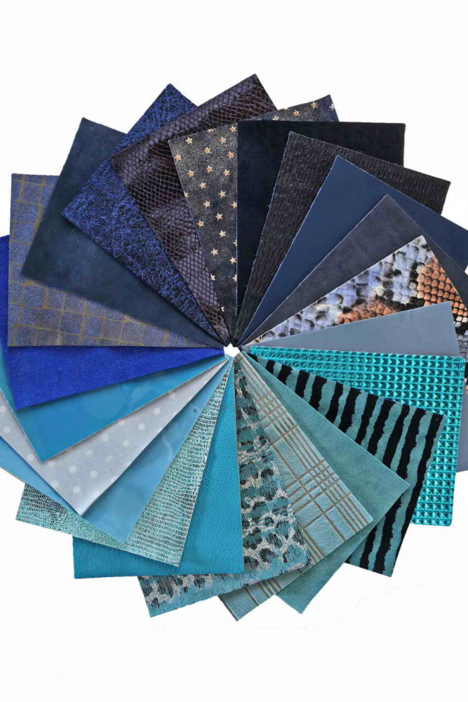 Stock of 12 MIXED PIECES light blue and blue, pre cut leather hide, printed, metallic random selection, 5x6" / 15x12 cm