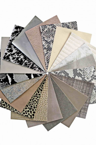 Stock of 12 MIXED PIECES beige and platinum, pre cut leather hide, printed, metallic random selection, 5 x 6 inches