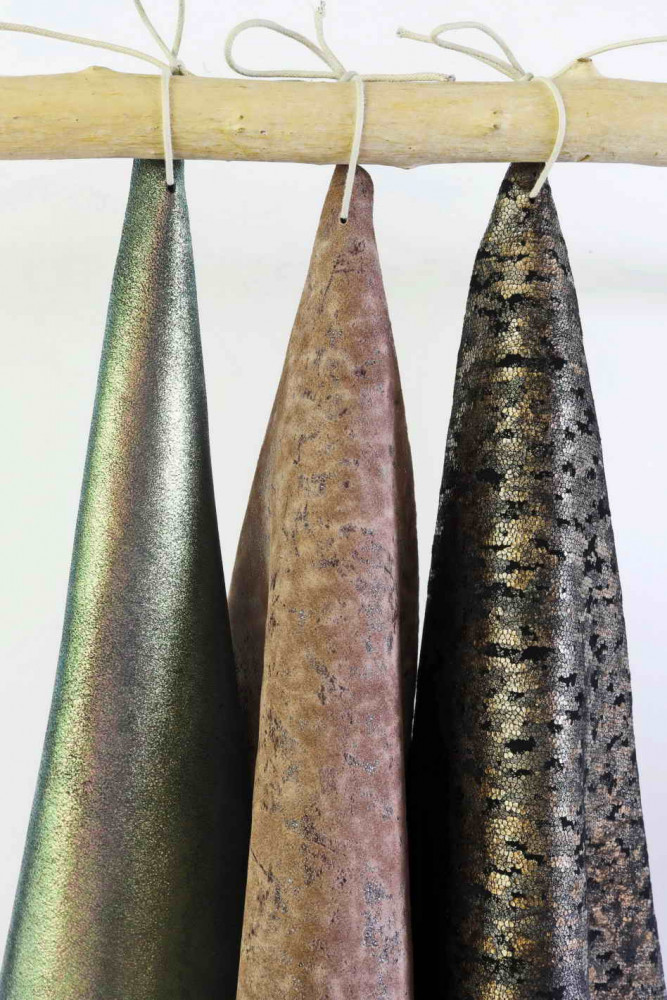 Stock of 3 BROWN GREY leather skins, bronze, taupe suede, metallic, printed goatskin