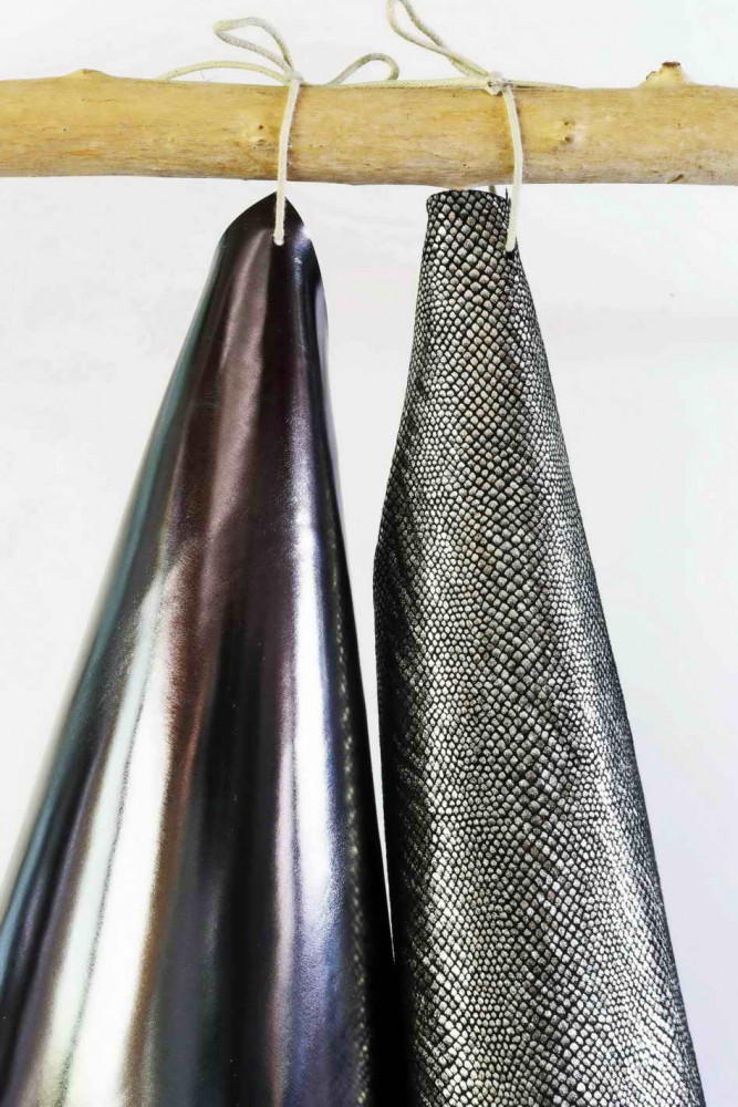 Set of 2 DARK GRAY, steel leather hides, metallic, printed matching skins