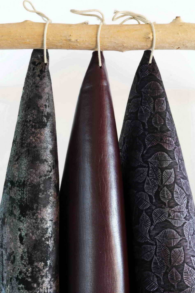 BURGUNDY, PURPLE leather hides, set of 3 matching skins, smooth, metallic, textured goatskin