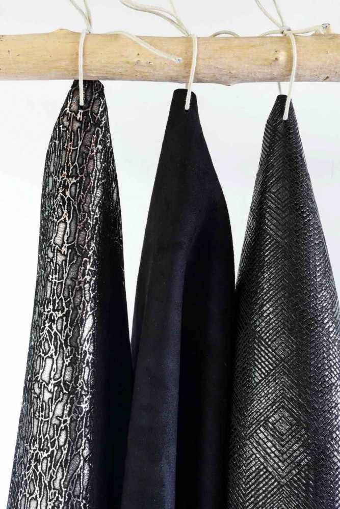 Lot of BLACK, STEEL leather hides, se of 3 skins, suede, metallic, printed matching hide