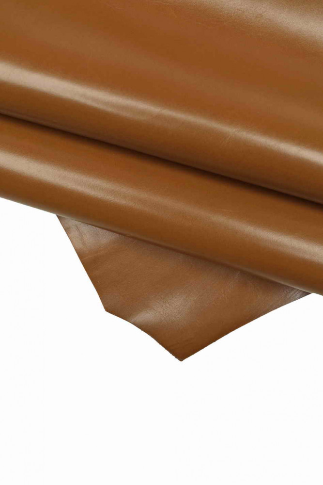 TAN SMOOTH leather hide, brown glossy stiff calfskin, classic cowhide