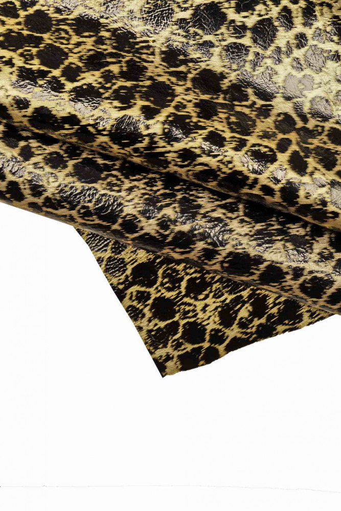 BLACK, light GOLD, metallic textured leather hide, glossy spotted calfskin, soft printed cowhide