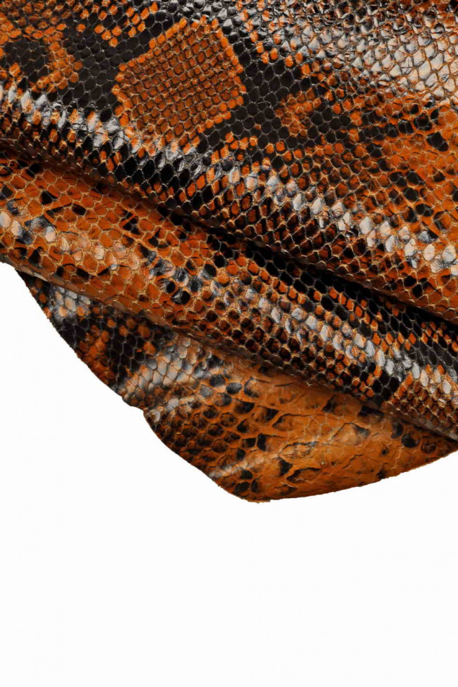 BLACK BROWN python printed leather hide, reptile textured cowhide, snake print calfskin, glossy soft skin