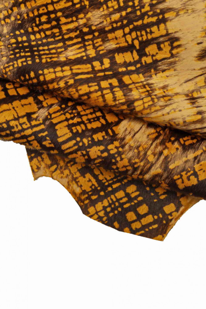 YELLOW BLACK printed hair on leather hide, ochre  pony calfskin, soft vintage distressed hairy cowhide