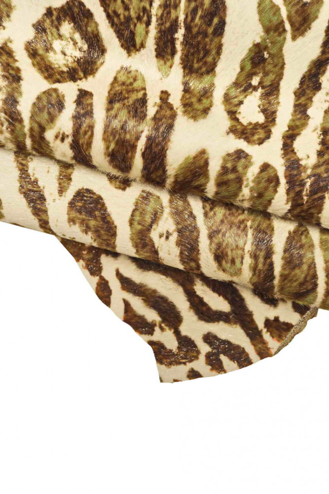 White, brown, green, LEOPARD PRINTED hair on leather hide, metallic pony calfskin with animal texture, soft