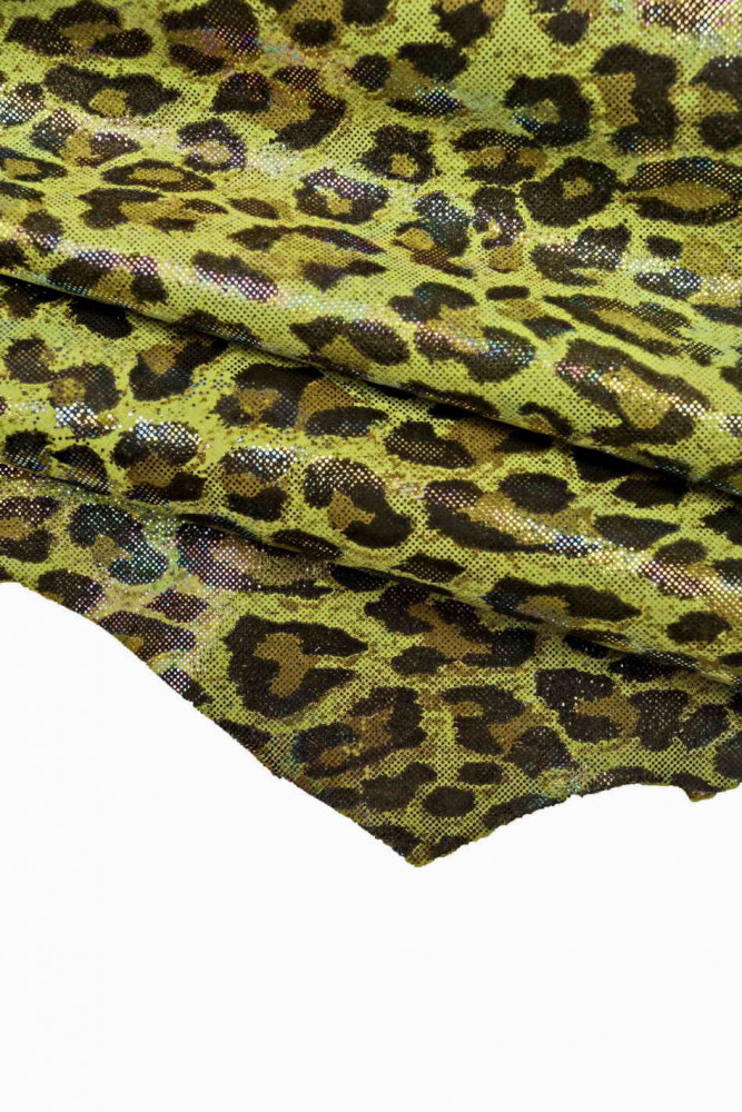 GREEN LEOPARD printed iridescent metallic leather skin, oleographic suede goatskin with animal texture