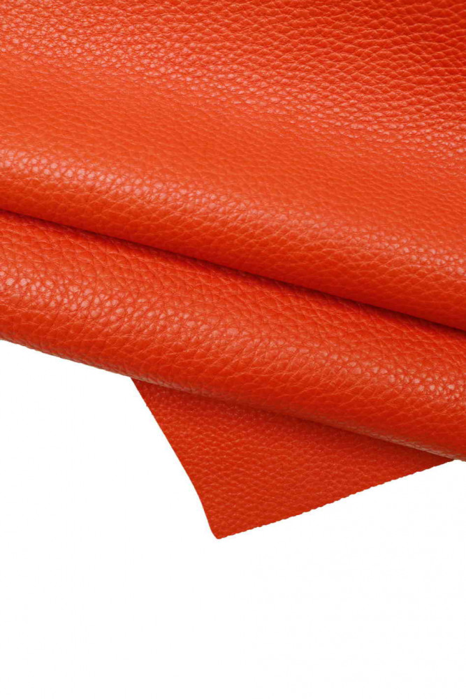 Red PEBBLE GRAIN leather hide, soft sporty printed calfskin, coral red grainy cowhide