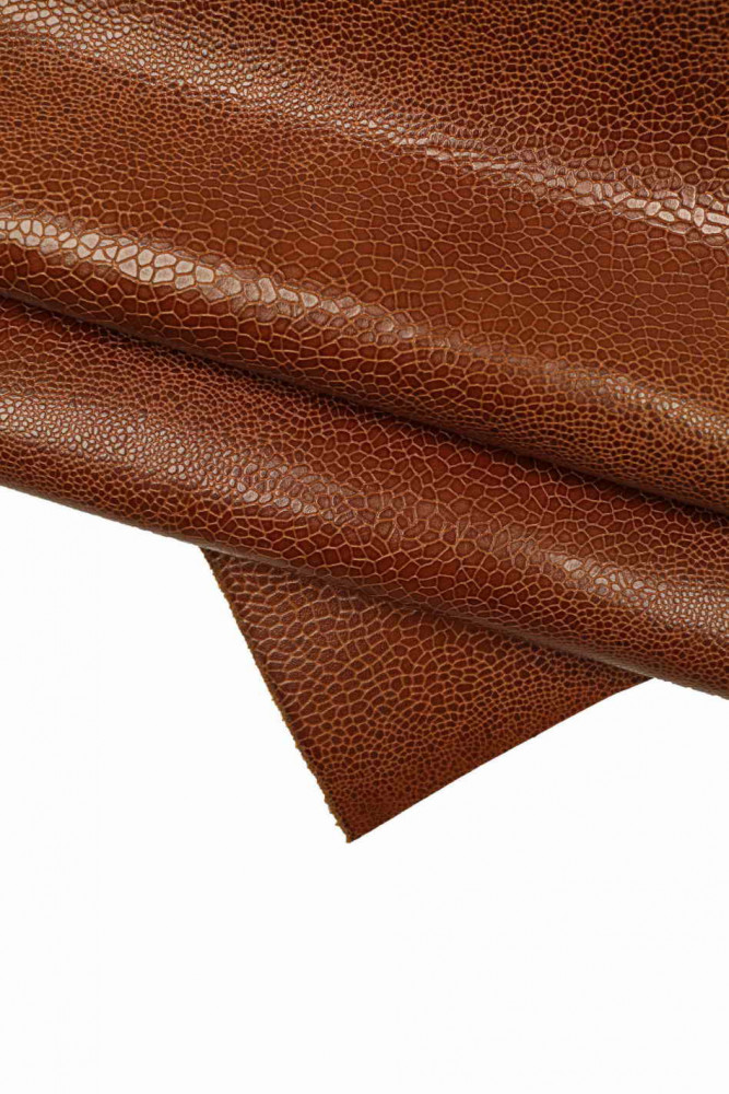 BROWN glossy PRINTED leather hide, chocolate reptile embossed calfskin, classic cowhide