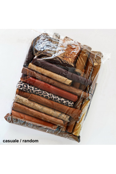 Sacchetto di ritagli di pelle miste, toni MARRONE, TESTA di moro e BRONZO, stampe, fantasie e morbidezze varie - 1/2 kg e 1 kg -