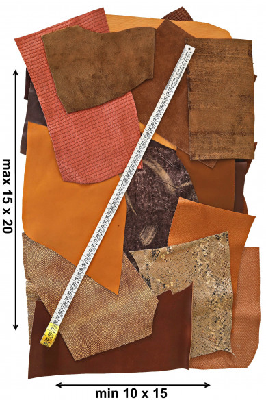 Leather scraps bag, BROWN, DARK Brown and BRONZE, fancy textures, foils and softness various, in total for 1 lbs and 2 lbs